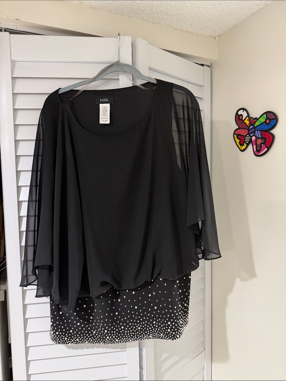 MSK Black Chiffon Layered Evening Blouse with Sparkle Hem